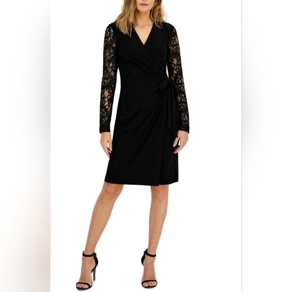 Anne Klein Womens Black Knit Lace Sleeves Midi Cocktail and Party Dress EUC